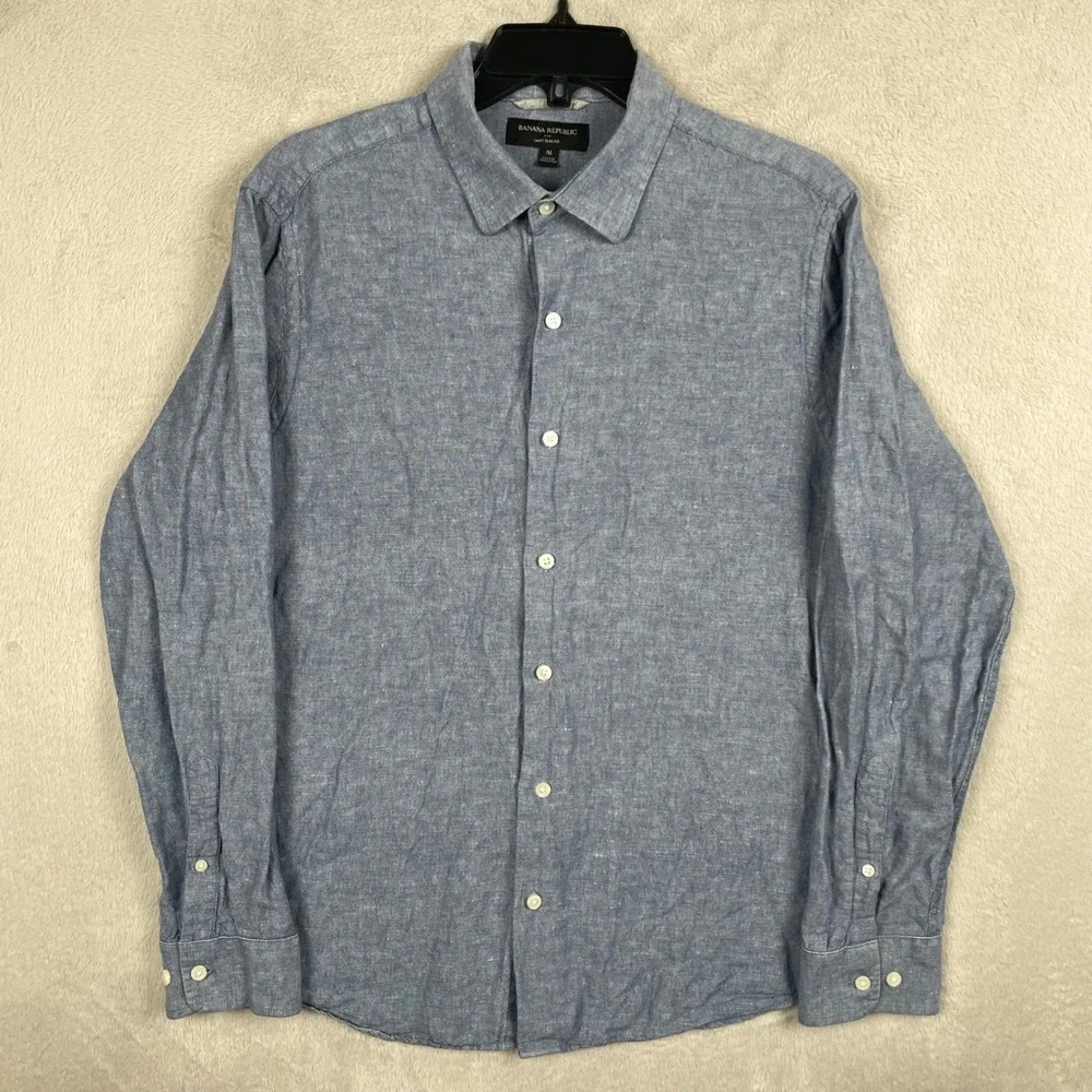 Banana Republic Shirt Mens Medium Slim Fit Blue Cotton Linen Button Up Preppy